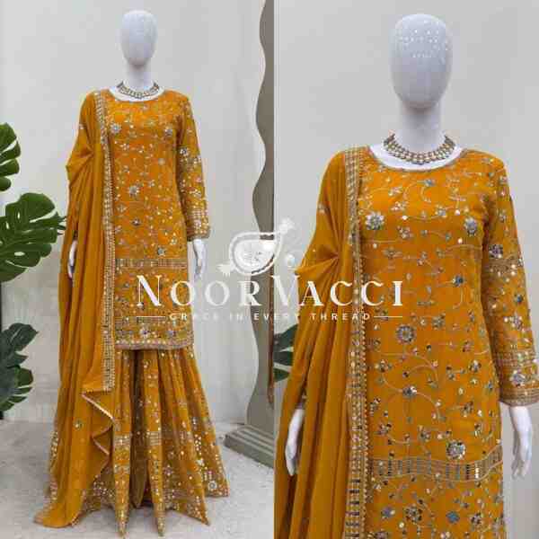 Foux Gorgette Sharara Set with Embroidered Top and Dupatta - Image 6