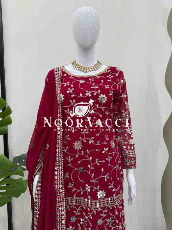 Foux Gorgette Sharara Set with Embroidered Top and Dupatta - Image 4