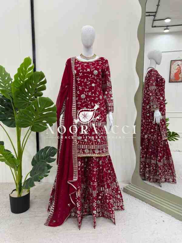Foux Gorgette Sharara Set with Embroidered Top and Dupatta - Image 5
