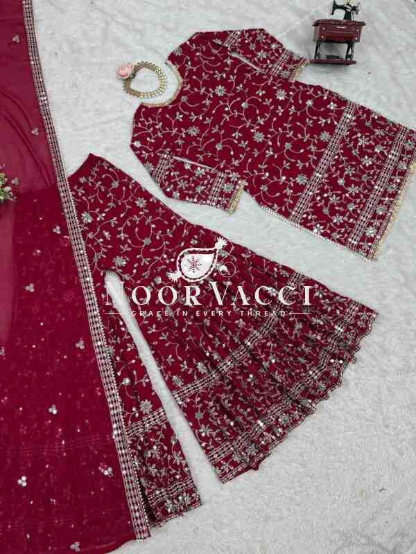 Foux Gorgette Sharara Set with Embroidered Top and Dupatta - Image 6