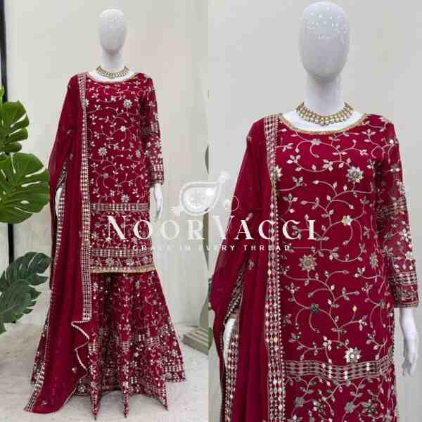 Foux Gorgette Sharara Set with Embroidered Top and Dupatta - Image 3