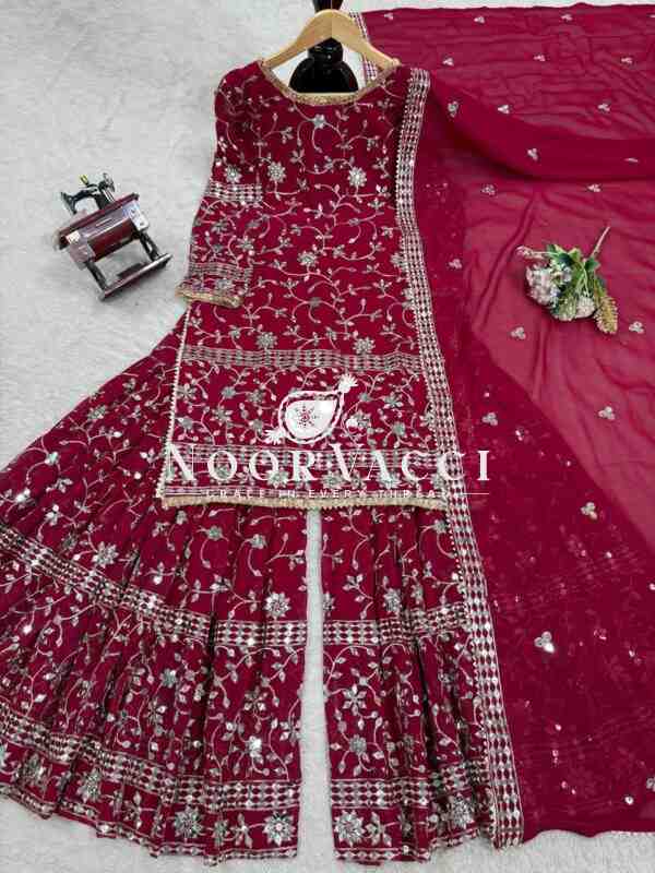 Foux Gorgette Sharara Set with Embroidered Top and Dupatta - Image 7