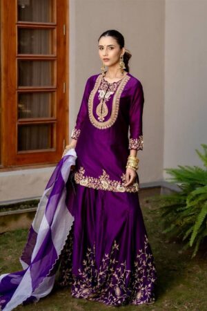 Buy Heavy Chinon Silk Codding Sequin Sharara Set with Printed Organza Dupatta