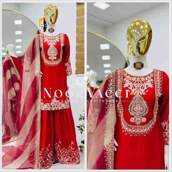 Heavy Chinon Silk Codding Sequin Sharara Set with Printed Organza Dupatta - Image 5