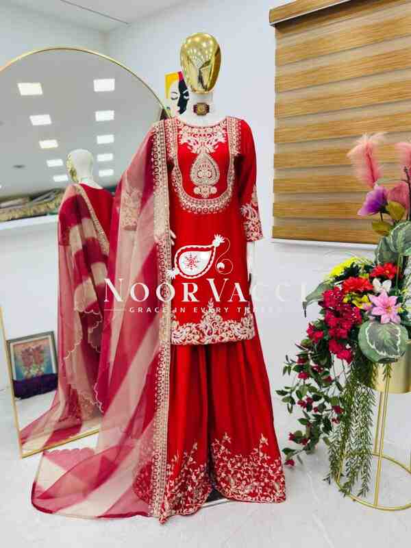 Heavy Chinon Silk Codding Sequin Sharara Set with Printed Organza Dupatta - Image 6