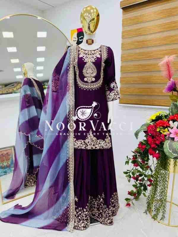 Heavy Chinon Silk Codding Sequin Sharara Set with Printed Organza Dupatta - Image 6