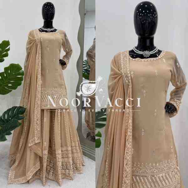 Faux Georgette Thread and Sequence Work Plazo Set with Dupatta - Image 3