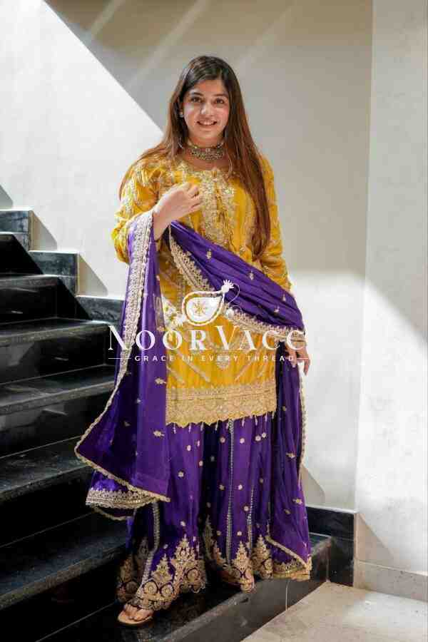 Heavy Chinon Silk Codding Sequin Sharara Set with Printed Dupatta