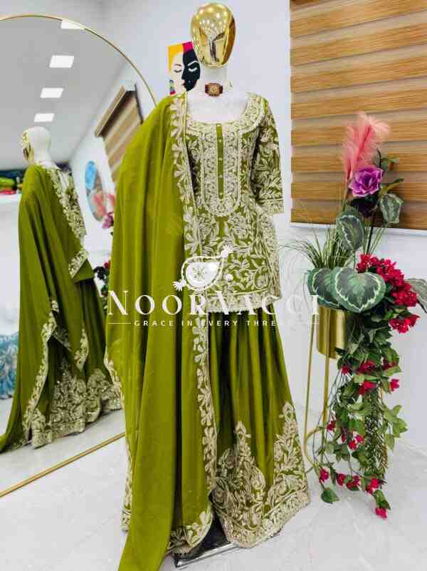 Heavy Chinon Silk Codding Sequin Embroidered Sharara Set with Printed Dupatta - Image 7