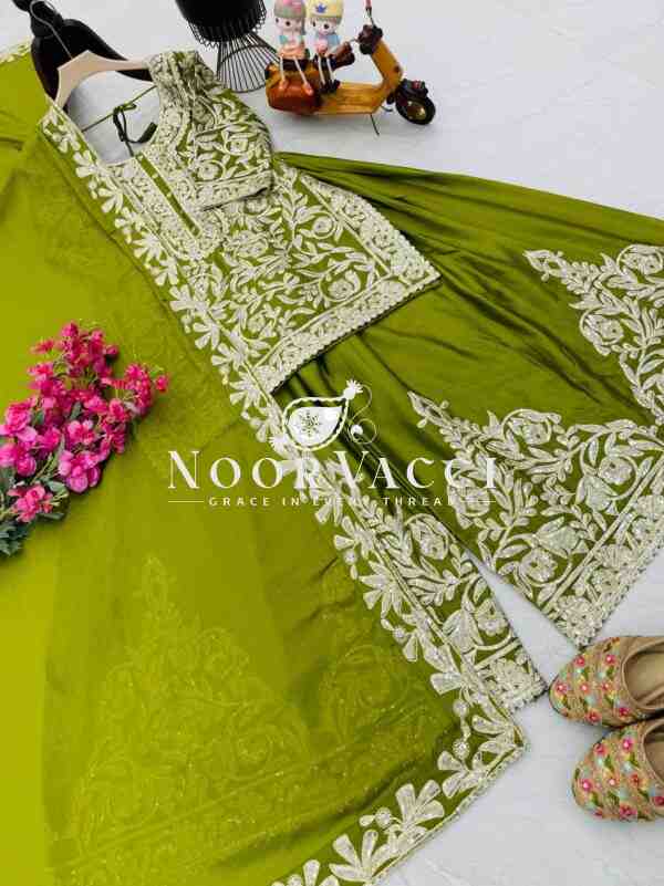Heavy Chinon Silk Codding Sequin Embroidered Sharara Set with Printed Dupatta - Image 8