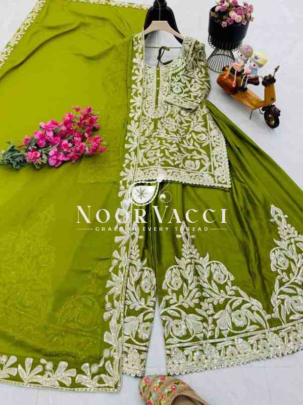 Heavy Chinon Silk Codding Sequin Embroidered Sharara Set with Printed Dupatta - Image 9