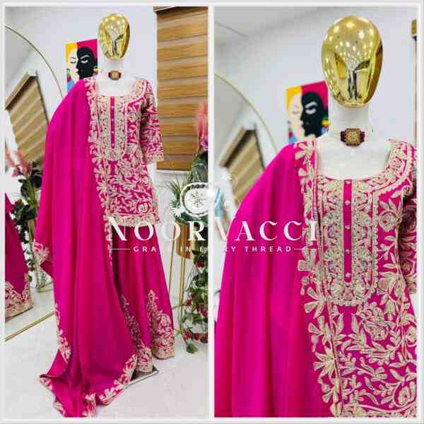 Heavy Chinon Silk Codding Sequin Embroidered Sharara Set with Printed Dupatta - Image 3
