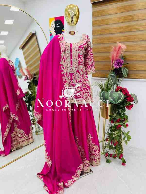 Heavy Chinon Silk Codding Sequin Embroidered Sharara Set with Printed Dupatta - Image 5