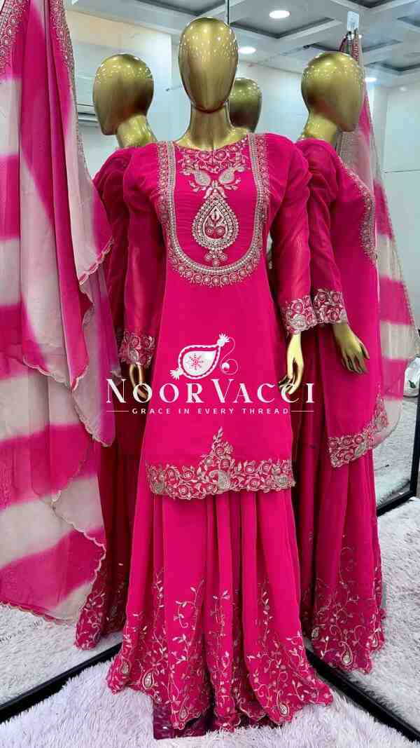 Faux Georgette Embroidered Top-Plazzo & Dupatta Set – Fully Stitched Party Wear - Image 4