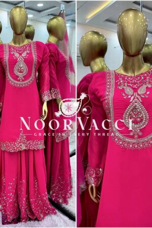 Buy Faux Georgette Embroidered Top-Plazzo & Dupatta Set – Fully Stitched Party Wear