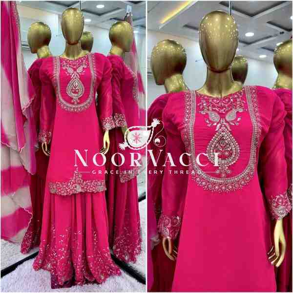 Faux Georgette Embroidered Top-Plazzo & Dupatta Set – Fully Stitched Party Wear