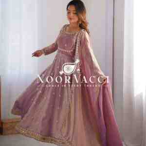Fandy Silk Embroidered Gown Set with Dupatta and Pant