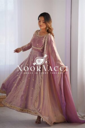 Shop Fandy Silk Embroidered Gown Set with Dupatta and Pant