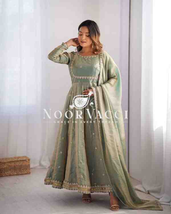 Fandy Silk Embroidered Gown Set with Dupatta and Pant - Image 5