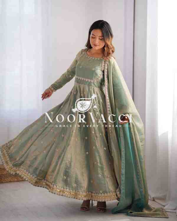 Fandy Silk Embroidered Gown Set with Dupatta and Pant - Image 3