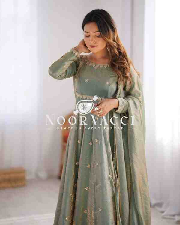 Fandy Silk Embroidered Gown Set with Dupatta and Pant - Image 2