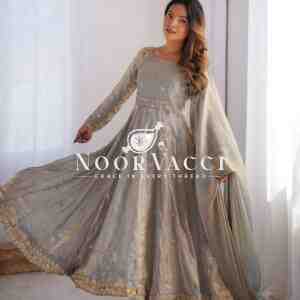 Fandy Silk Embroidered Gown Set with Dupatta and Pant