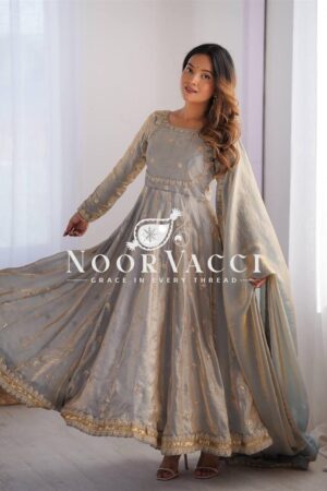 Shop Fandy Silk Embroidered Gown Set with Dupatta and Pant