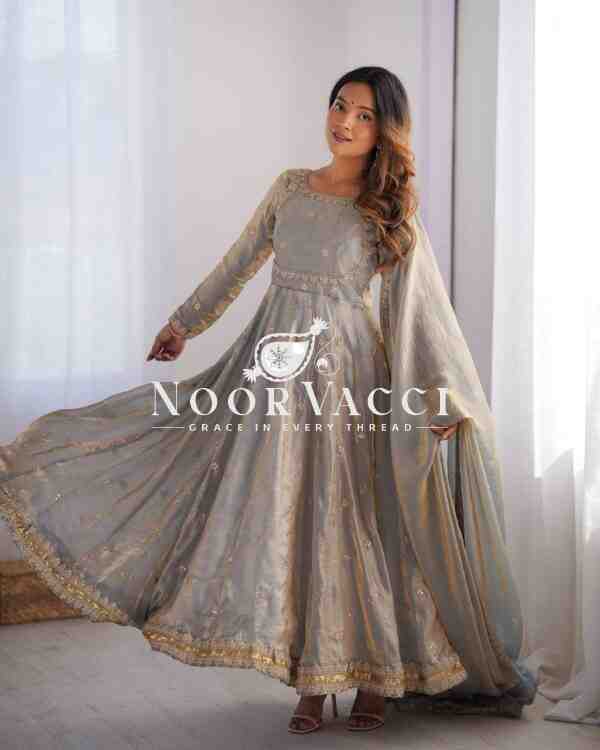 Fandy Silk Embroidered Gown Set with Dupatta and Pant