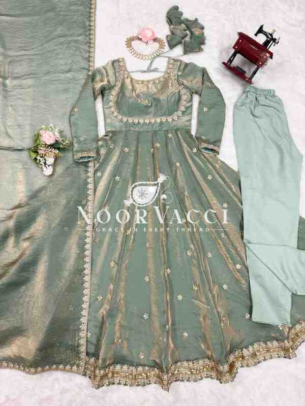 Fandy Silk Embroidered Gown Set with Dupatta and Pant - Image 8
