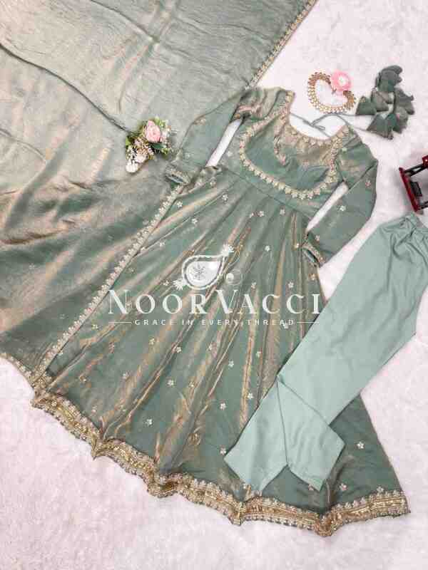 Fandy Silk Embroidered Gown Set with Dupatta and Pant - Image 6