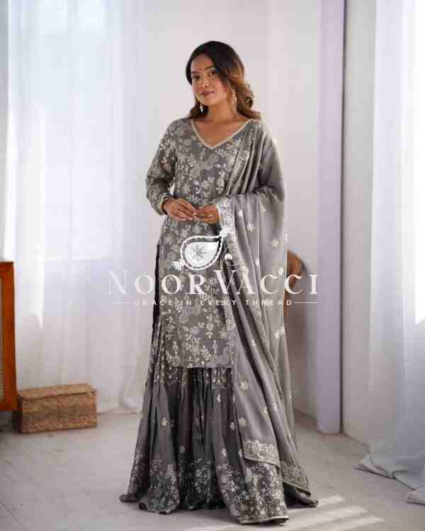 Chinon Silk Embroidered Sharara Set with Dupatta - Image 2