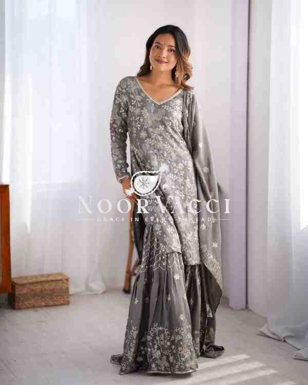 Chinon Silk Embroidered Sharara Set with Dupatta - Image 7