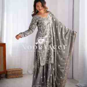 Chinon Silk Embroidered Sharara Set with Dupatta