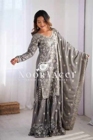 Buy Chinon Silk Embroidered Sharara Set with Dupatta