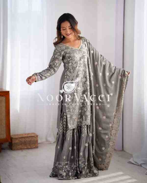 Chinon Silk Embroidered Sharara Set with Dupatta