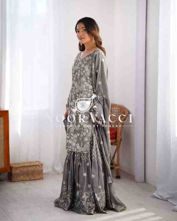 Chinon Silk Embroidered Sharara Set with Dupatta - Image 3