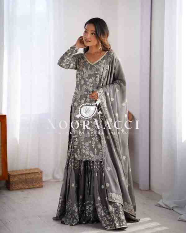 Chinon Silk Embroidered Sharara Set with Dupatta - Image 6