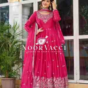American Silk Embroidered Gown Set with Dupatta