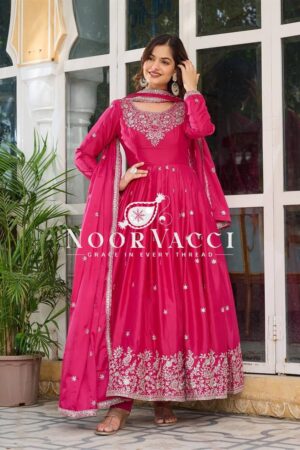 Buy American Silk Embroidered Gown Set with Dupatta