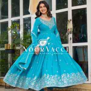 American Silk Embroidered Gown Set with Dupatta