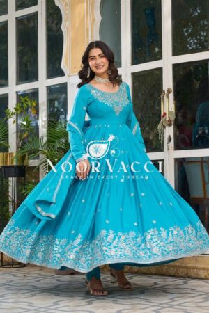 Buy American Silk Embroidered Gown Set with Dupatta