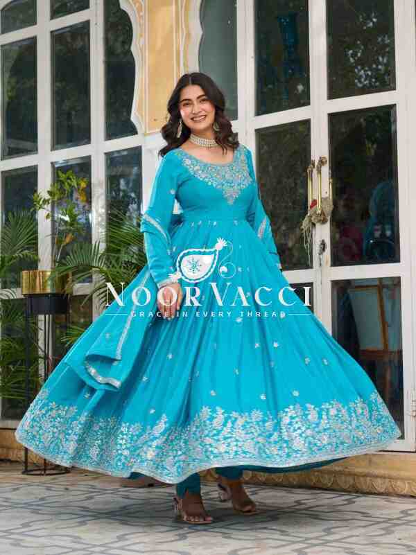 American Silk Embroidered Gown Set with Dupatta