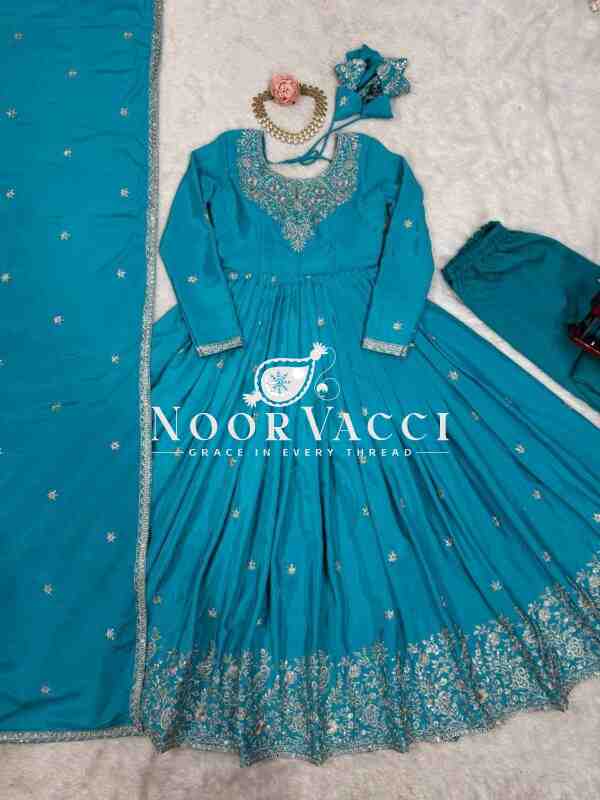 American Silk Embroidered Gown Set with Dupatta - Image 6