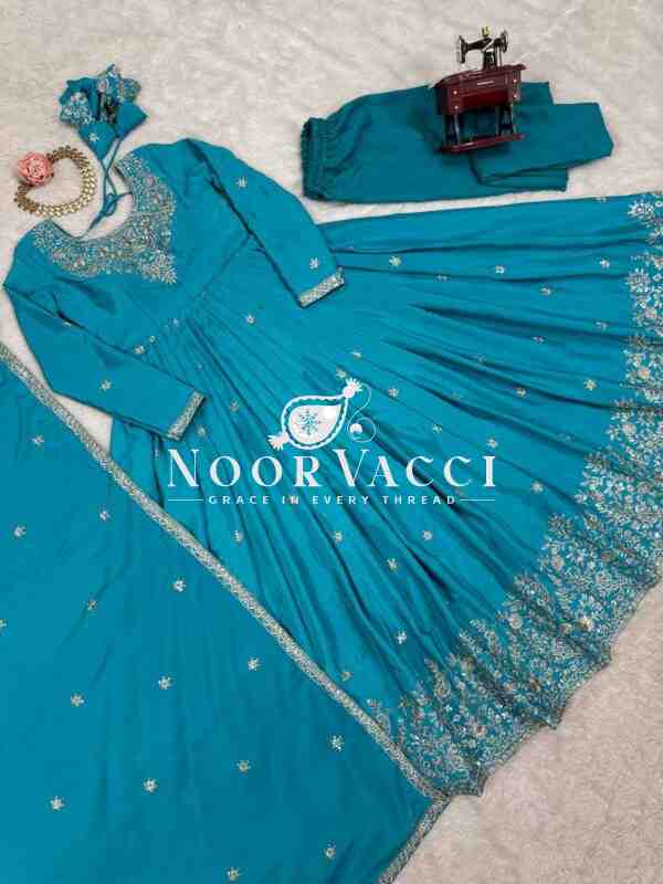 American Silk Embroidered Gown Set with Dupatta - Image 7