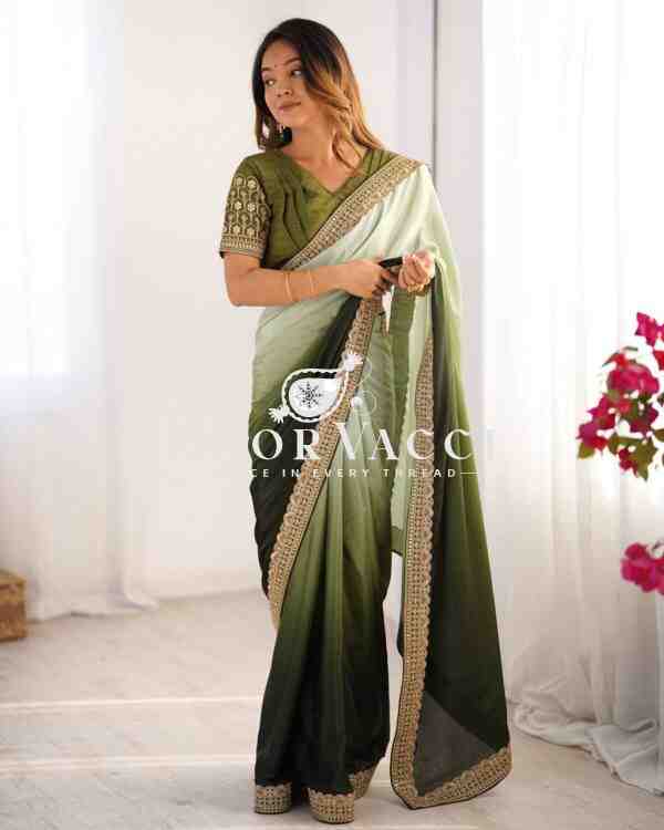 Chinon Silk Embroidered Saree with Mono Benglori Blouse - Image 2