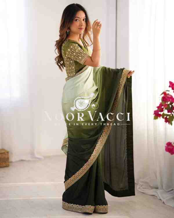 Chinon Silk Embroidered Saree with Mono Benglori Blouse - Image 3