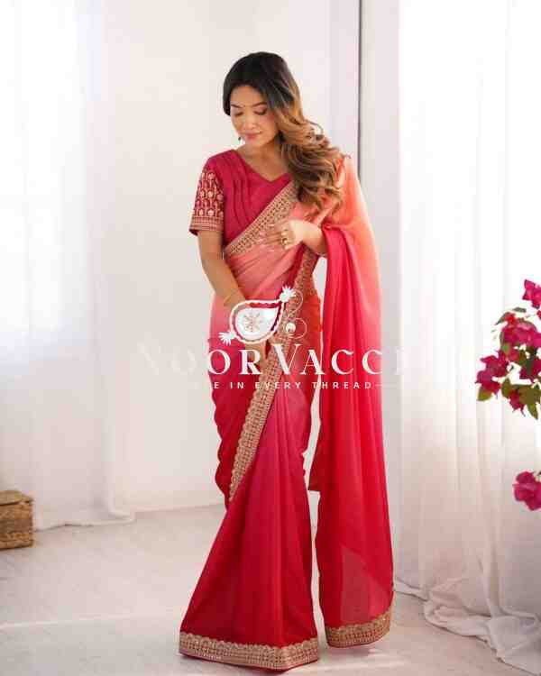 Chinon Silk Embroidered Saree with Mono Benglori Blouse