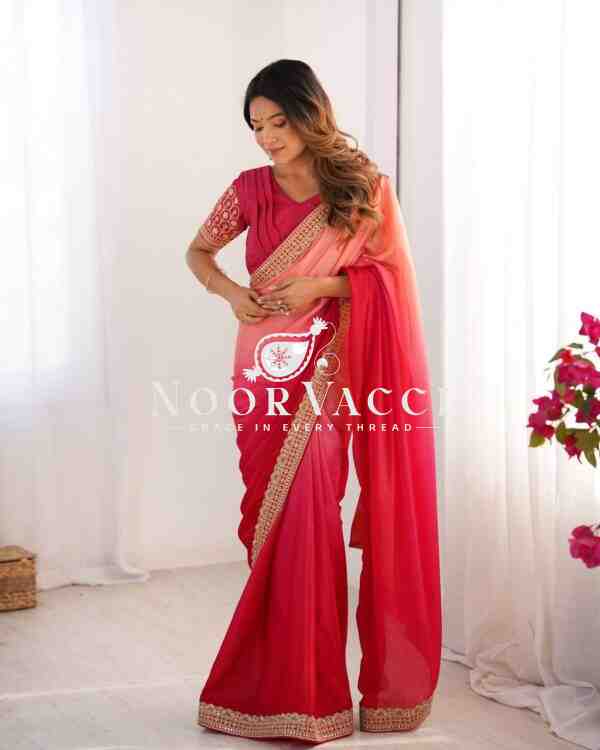 Chinon Silk Embroidered Saree with Mono Benglori Blouse - Image 3