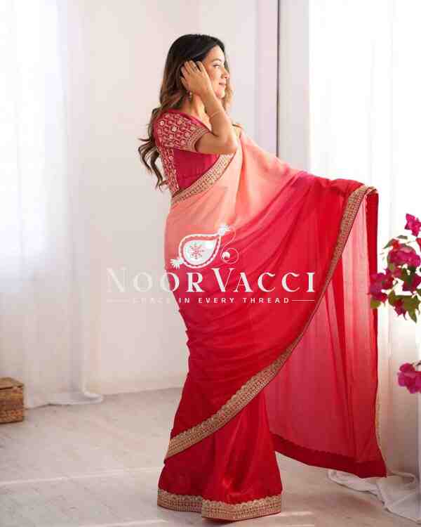 Chinon Silk Embroidered Saree with Mono Benglori Blouse - Image 4
