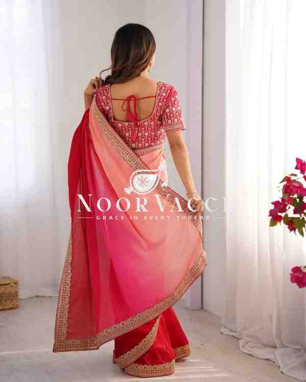 Chinon Silk Embroidered Saree with Mono Benglori Blouse - Image 5